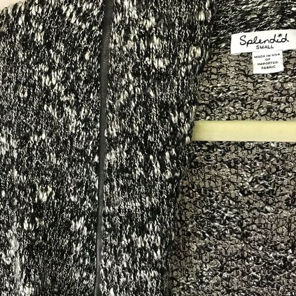Splendid Open Knit Black White Texture Cardigan Faux Leather Trim Shawl Collar S - Picture 4 of 13